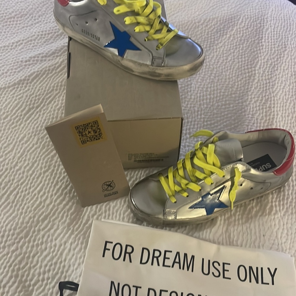 Golden Goose Silver with Blue Star and Neon Yellow Laces - Picture 8 of 9